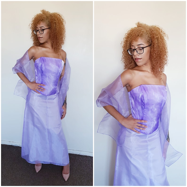 Vtg 90/'s ROMANTIC RETRO lilac sparkle organza 3 piece corset skirt matching shawl XS