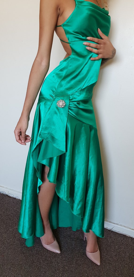 Vtg 90's GLAM PARTY Mermaid green satin low back … - image 7
