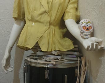 Vintage 80's New Romantics yellow double breasted pleated Silk blouse L