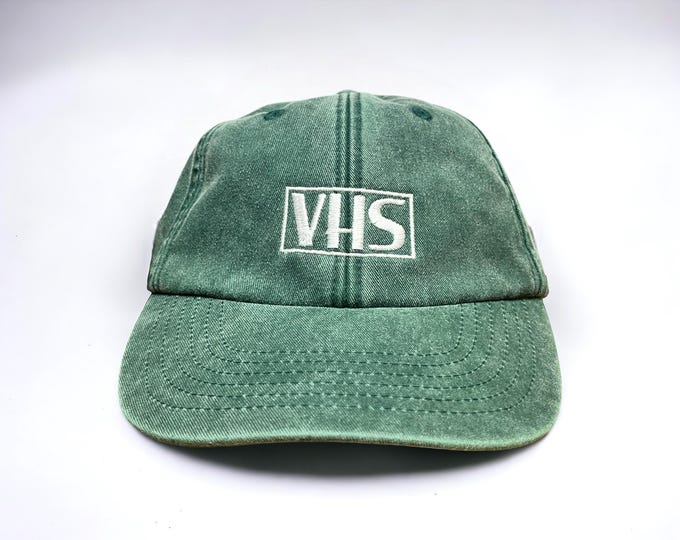 VHS Embroidered Cap || Vintage Style Washed Low Profile Dad Cap Hat 6 Panel Retro Video Betamax 80s 90s || Colourway Customisable