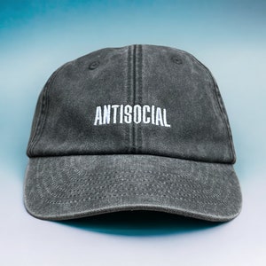 Antisocial Embroidered Cap || Vintage Style Washed Low Profile Dad Cap 6 Panel || Colourway Customisable