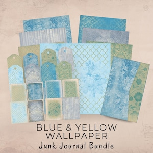 May include: A collection of blue and yellow patterned paper, tags, and ephemera. The papers feature floral, damask, and geometric designs. The text "BLUE & YELLOW WALLPAPER Junk Journal Bundle" is displayed at the bottom of the image.