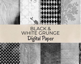 Könnte beinhalten: Eine Sammlung von schwarz-weiß Grunge-Digitalpapier-Designs. Die Muster umfassen Polka Dots, Blumenmuster, geometrische und strukturierte Effekte. Der Text "BLACK & WHITE GRUNGE Digital Paper" wird auf einem beigen Banner angezeigt.