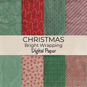 Könnte beinhalten: Eine Sammlung digitaler Papierdesigns mit Weihnachtsmotto. Die Designs umfassen Damast, Zuckerstangen, Streifen, Schneeflocken, Karomuster und Ziegelmuster. Der Text "CHRISTMAS Bright Wrapping Digital Paper" ist in der Mitte zu sehen.