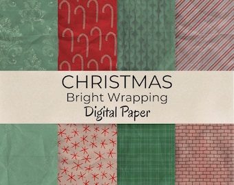 May include: A collection of digital paper designs with a Christmas theme. The designs include damask, candy canes, stripes, snowflakes, plaid, and brick patterns. The text "CHRISTMAS Bright Wrapping Digital Paper" is displayed in the center.