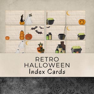 May include: Retro Halloween index cards with spooky illustrations. The cards feature a black cat on a pumpkin, ghosts, bats, a witch, cauldron, and jack-o'-lanterns. The cards have a vintage aesthetic with lined paper backgrounds and a decorative border.