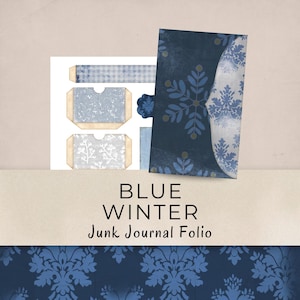 Blå vinterskräpjournal - utskrivbar snöig brevvänsmapp - nybörjarvänligt minikit med ephemera - present till långdistansbästa vän