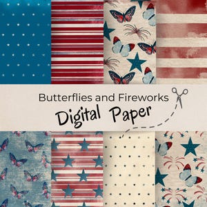 Carta digitale con farfalle rosse, bianche e blu - Pagine di album di ritagli Americana per ragazze - Carta da giornale stampabile - Uso personale e commerciale