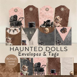 Puede incluir: Una colección de sobres y etiquetas de estilo vintage con temática de muñecas encantadas. Los diseños presentan muñecas antiguas, cochecitos y otros elementos espeluznantes. El texto "HAUNTED DOLLS Envelopes & Tags" se muestra de forma destacada, junto con "BONUS Journal Cards".
