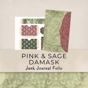 Może przedstawiać: Zestaw elementów różowego i szałwiowego dziennika śmieciowego w stylu damasceńskim. Zawiera folio, kieszenie i ozdoby. Tekst "PINK & SAGE DAMASK Junk Journal Folio" jest wyświetlany na banerze.