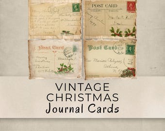 May include: Four vintage Christmas journal cards with aged paper and handwritten messages. Each card features stamps, holly illustrations, and the words "Post Card." The text "VINTAGE CHRISTMAS Journal Cards" is displayed below.