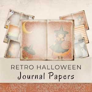 May include: Retro Halloween journal papers with vintage-style illustrations of witches, pumpkins, ghosts, and moons. The journal pages have a distressed, aged look, with a red and cream color scheme. The text "Retro Halloween Journal Papers" is displayed.