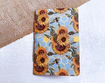 Blue Sunflower and Bee Notebook with Coffee Stained Paper - Rustic Garden Junk Journal Insert
