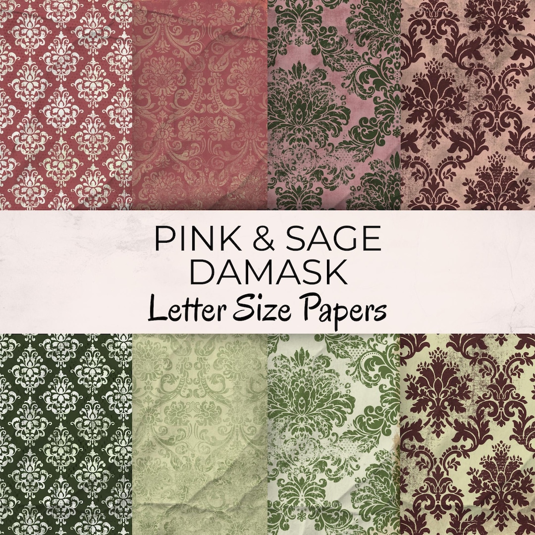 Pink and Sage Damask Letter Size Digital Paper Pack - Shabby Scrapbook ...