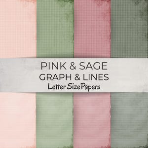 May include: A collection of letter-size papers in pink and sage green, featuring graph and lined patterns. The papers have a distressed, vintage aesthetic, with the text "PINK & SAGE GRAPH & LINES Letter Size Papers" across the center.