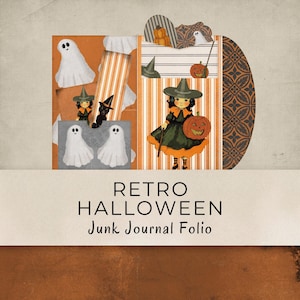 May include: A retro Halloween junk journal folio featuring illustrations of ghosts, witches, pumpkins, and a black cat. The design incorporates orange and white striped backgrounds and decorative patterned elements. The text "Retro Halloween Junk Journal Folio" is displayed at the bottom.