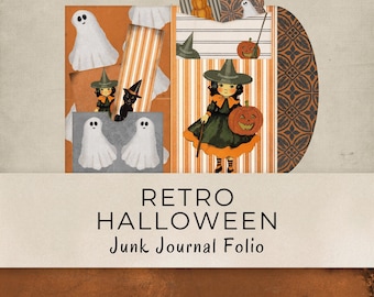 May include: A retro Halloween junk journal folio with illustrations of ghosts, witches, pumpkins, and a black cat. The design features orange and white striped backgrounds and decorative patterned elements. The text "Retro Halloween Junk Journal Folio" is displayed at the bottom.
