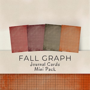 May include: Four rectangular journal cards in shades of red, burgundy, olive green, and orange, each with a grid pattern. The cards are arranged in a row against a neutral background. Text reads "FALL GRAPH Journal Cards Mini Pack."