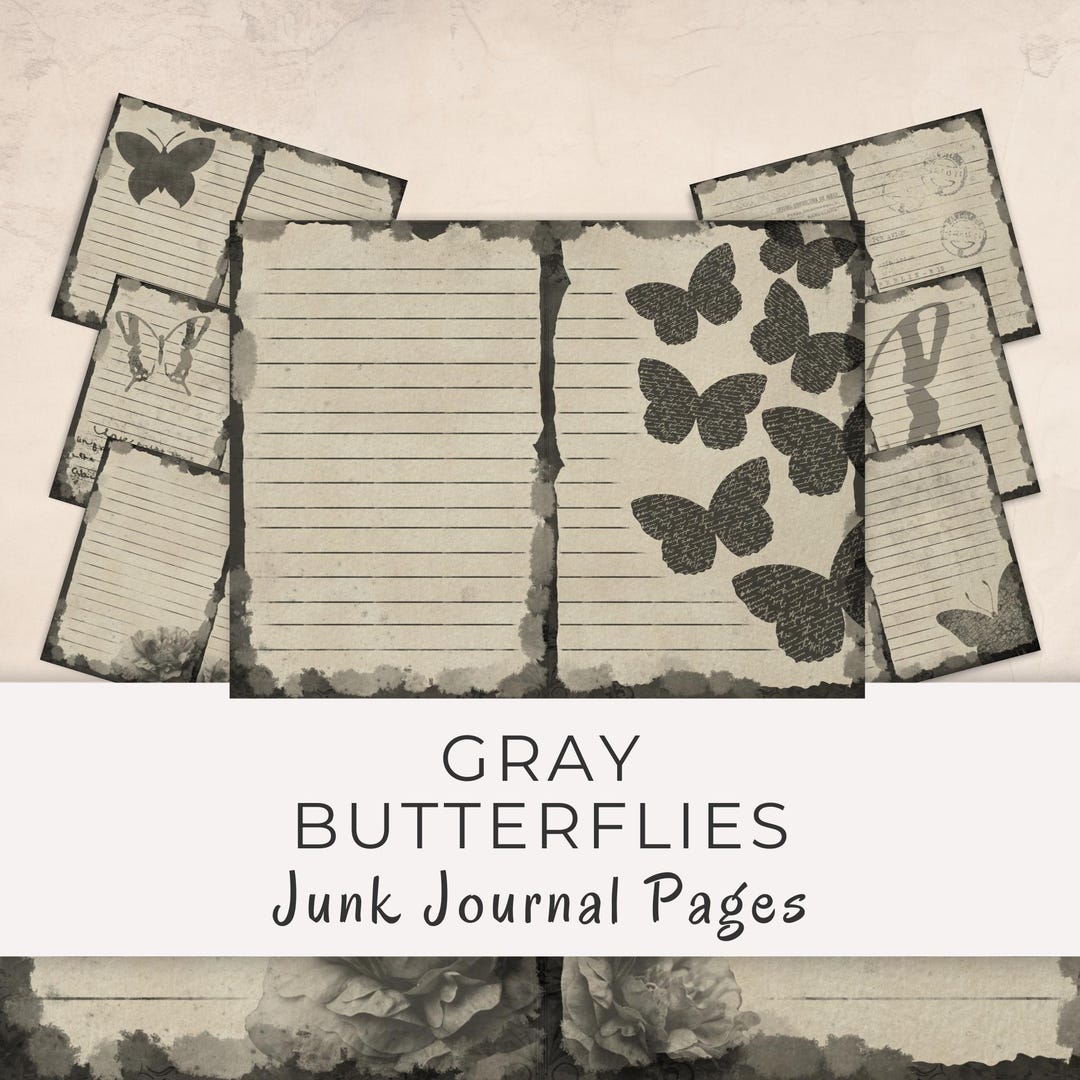 Gray Butterfly Junk Journal Papers - Shabby Chic Pages for Scrapbook ...