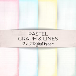 May include: Digital papers with pastel colors, including pink, blue, yellow, and green. The papers feature graph and lined patterns. Text on the image reads "PASTEL GRAPH & LINES 12 x 12 Digital Papers."