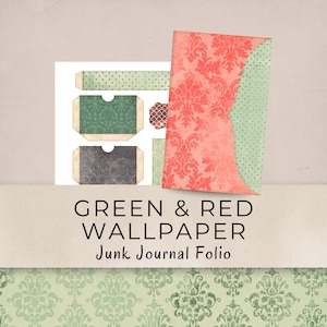 Może przedstawiać: Folio dziennika śmieciowego z czerwonym wzorem w damaszek i miętowym wzorem w kropki. Obraz przedstawia również pasujące kieszenie i ozdoby w kolorze zielonym, szarym i brązowym. Tekst brzmi "GREEN & RED WALLPAPER Junk Journal Folio."