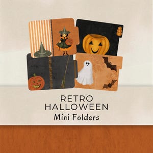May include: A selection of retro Halloween mini folders. The folders feature illustrations of a witch, jack-o'-lanterns, a ghost, and bats. The folders are in shades of orange, black, and white, with a vintage aesthetic.