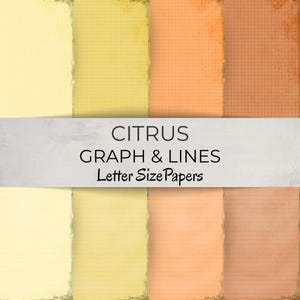 Peut inclure: Papiers de format lettre sur le thème des agrumes avec des motifs graphiques et linéaires. Les papiers présentent une variété de couleurs, dont le jaune, l'orange et le marron. L'image comprend le texte "CITRUS GRAPH & LINES Letter Size Papers."