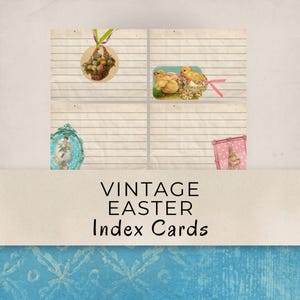 Pode incluir: Cartões de índice de Páscoa vintage com papel pautado. Os cartões apresentam ilustrações temáticas de Páscoa, incluindo uma cesta de ovos, pintinhos e um coelho. Os cartões têm uma estética vintage com um fundo azul claro e branco.