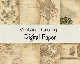 May include: A collection of vintage grunge digital paper designs. The papers feature floral patterns, aged textures, and faded text elements in shades of beige, brown, and cream. The text "Vintage Grunge Digital Paper" is displayed across the center.