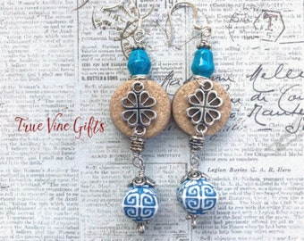 Wine Cork Earrings with Blue and White beads