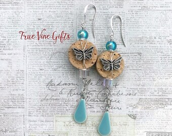 Wine Cork Earrings with Butterflies