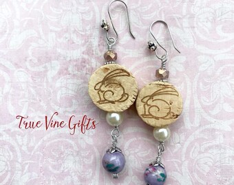 Wine Cork Earrings with Bunnies in Pink
