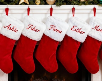 Personalized Red Plush Christmas Stocking, Embroidered Name