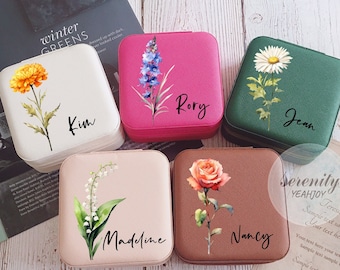 Birth Flower Jewelry Case,Name Jewelry Box,Bridesmaid Proposal Gift,Bridal Party Gifts,Gifts for Her Birthday,Leather Jewelry Travel Case