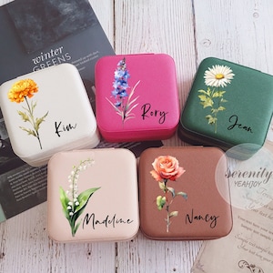 Birth Flower Jewelry Case,Name Jewelry Box,Bridesmaid Proposal Gift,Bridal Party Gifts,Gifts for Her Birthday,Leather Jewelry Travel Case image 1