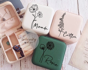 Estuche de cuero para joyas con diseño de flor de nacimiento, joyero de viaje grabado