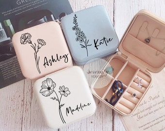 Name Jewelry Box,Birth Flower Jewelry Case,Bridesmaid Proposal Gift,Bridal Party Gifts,Gifts for Her Birthday,Leather Jewelry Travel Case