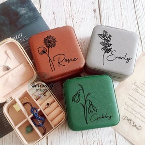 Engraved Jewelry Box,Leather Jewelry Travel Case,Bridesmaid Proposal Gift,Bridal Party Gift,Birth Flower Jewelry Case,Gifts for Her Birthday image 1