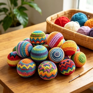 Puede incluir: Una colección de bolas de ganchillo coloridas con varios patrones y diseños. Las bolas están dispuestas sobre una superficie de madera, con una cesta de hilo en el fondo. También se ve un ganchillo. Las bolas presentan una variedad de colores, incluyendo azul, verde, rojo y amarillo.