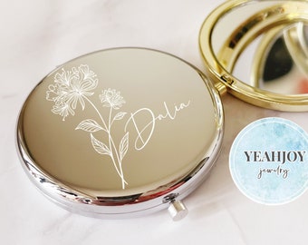 Personalized Compact Mirror,Gifts for Bridesmaid Proposal & Best Friend's Birthday,Custom Gift for Women,Birth Flower Pocket Mirror for Her