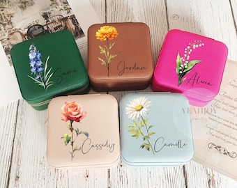 Engraved Birth Flower jewellery Box, Travel Jewelry Box, Birthday Gift,Bridal Party Gifts,Bridesmaid Gifts, Gift for her,Jewelry Travel Case