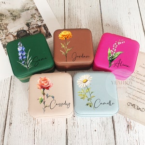 Portagioie con fiore di nascita inciso, portagioie da viaggio, regalo di compleanno, regali per feste nuziali, regali per damigelle d'onore, regalo per lei, custodia da viaggio per gioielli