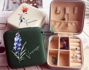Engraved Birth Flower jewellery Box, Personalized Travel Case, Bridesmaid Gift, Bridal Party
