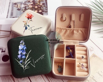 Birth Flower Jewelry Case,Engraved Jewelry Box,Leather Jewelry Travel Case,Bridesmaid Proposal Gift,Bridal Party Gift,Gifts for Her Birthday