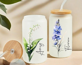 Personalisierte Geburtsblumen-Kaffeetasse, Geburtsblumen-Glasbecher, benutzerdefinierte Eiskaffeetasse, Geburtsblumen-Glasbecher, Geschenk für sie