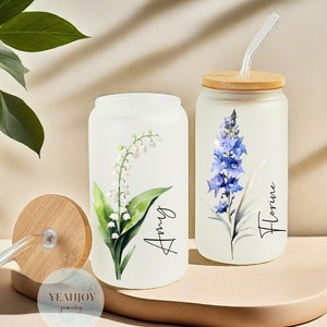 Personalized Birth Flower Coffee Cup, Birth Flower Glass Tumbler, Custom Iced Coffee Cup, Birth Flower Glass Tumbler, Gift for Her