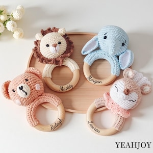 Personalized Toy Rattle With Name, Baby Shower & Newborn Gift, Animal Crochet Baby Rattle, Wooden rattle, Soothing rattle, Baby shower