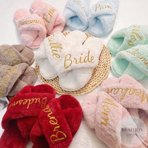 Custom Fluffy Slippers, Fluffy Cross slippers, Custom Bride Slippers, Bride to Be Gift, Bridesmaid Gift, Bachelorette Party, Fluffy Slippers