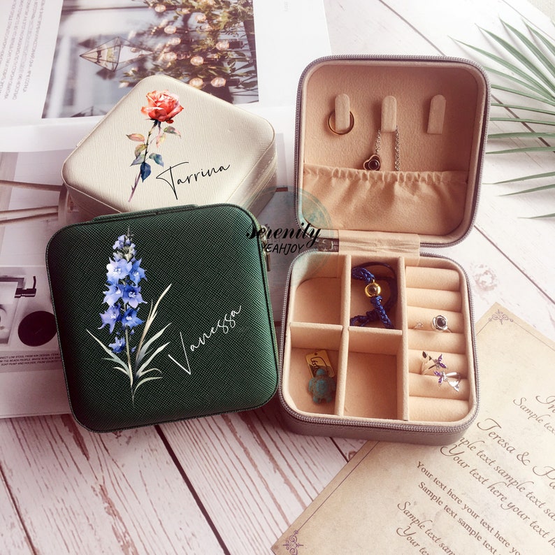 Birth Flower Jewelry Case,Name Jewelry Box,Bridesmaid Proposal Gift,Bridal Party Gifts,Gifts for Her Birthday,Leather Jewelry Travel Case image 2