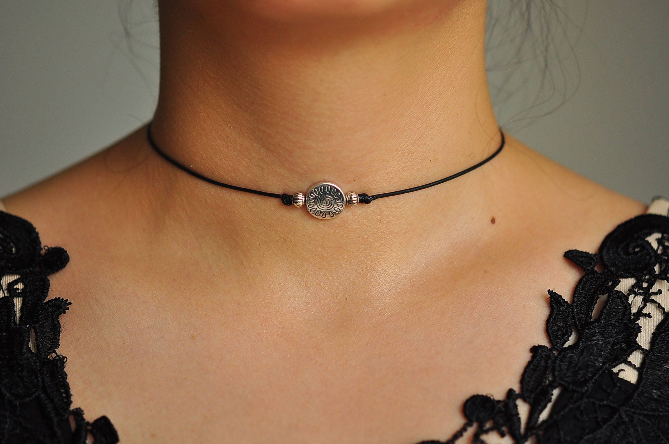 Black Leather With Silver Charm Choker Necklace. Hippie 90s | Etsy